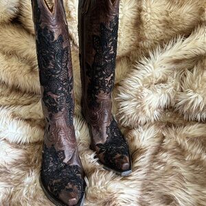 Old Gringo Brown Leather Western Boots with Black Lace Detail